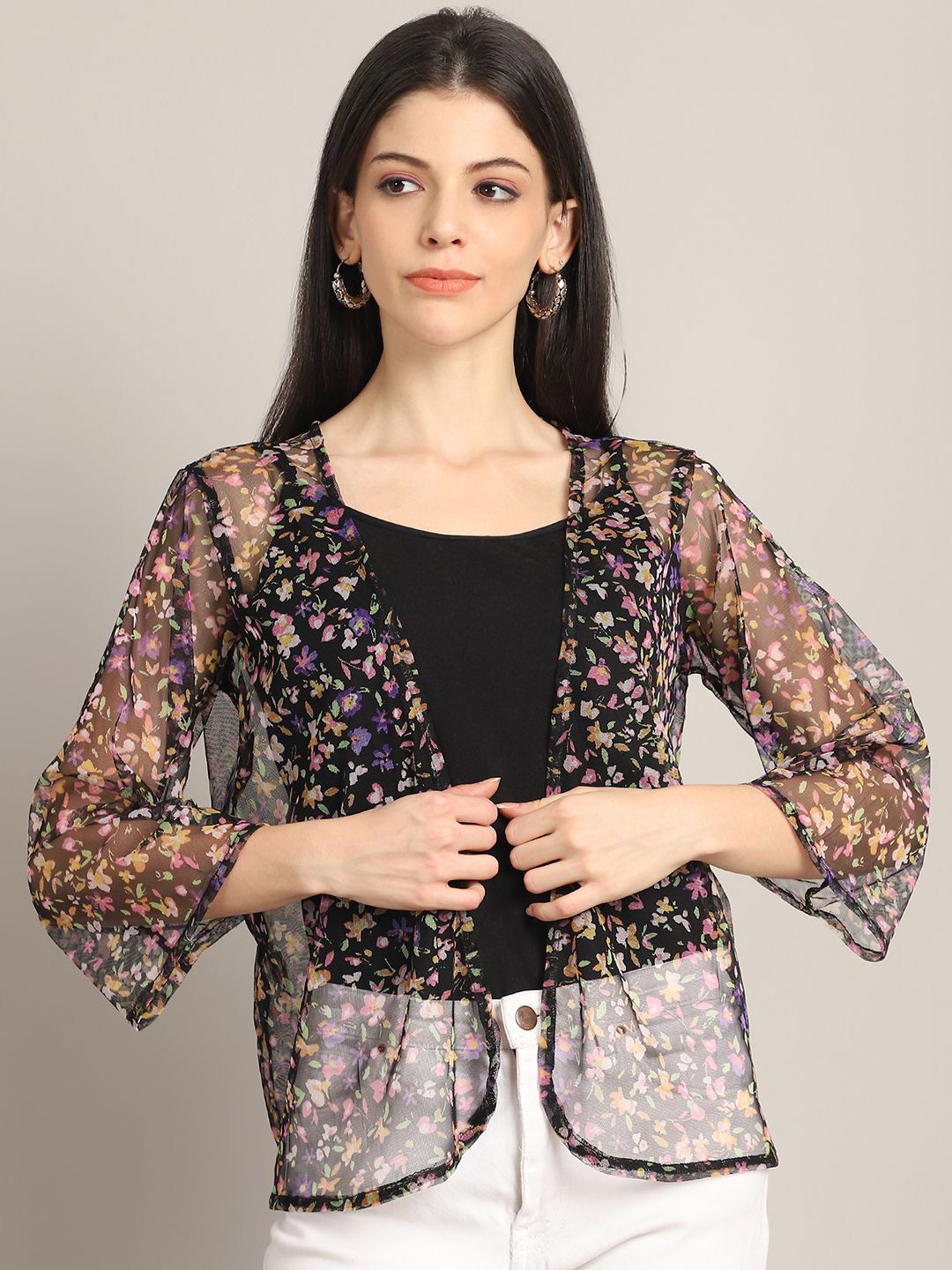 

Rute Floral Printed Pure Cotton Open Front Shrug, Black