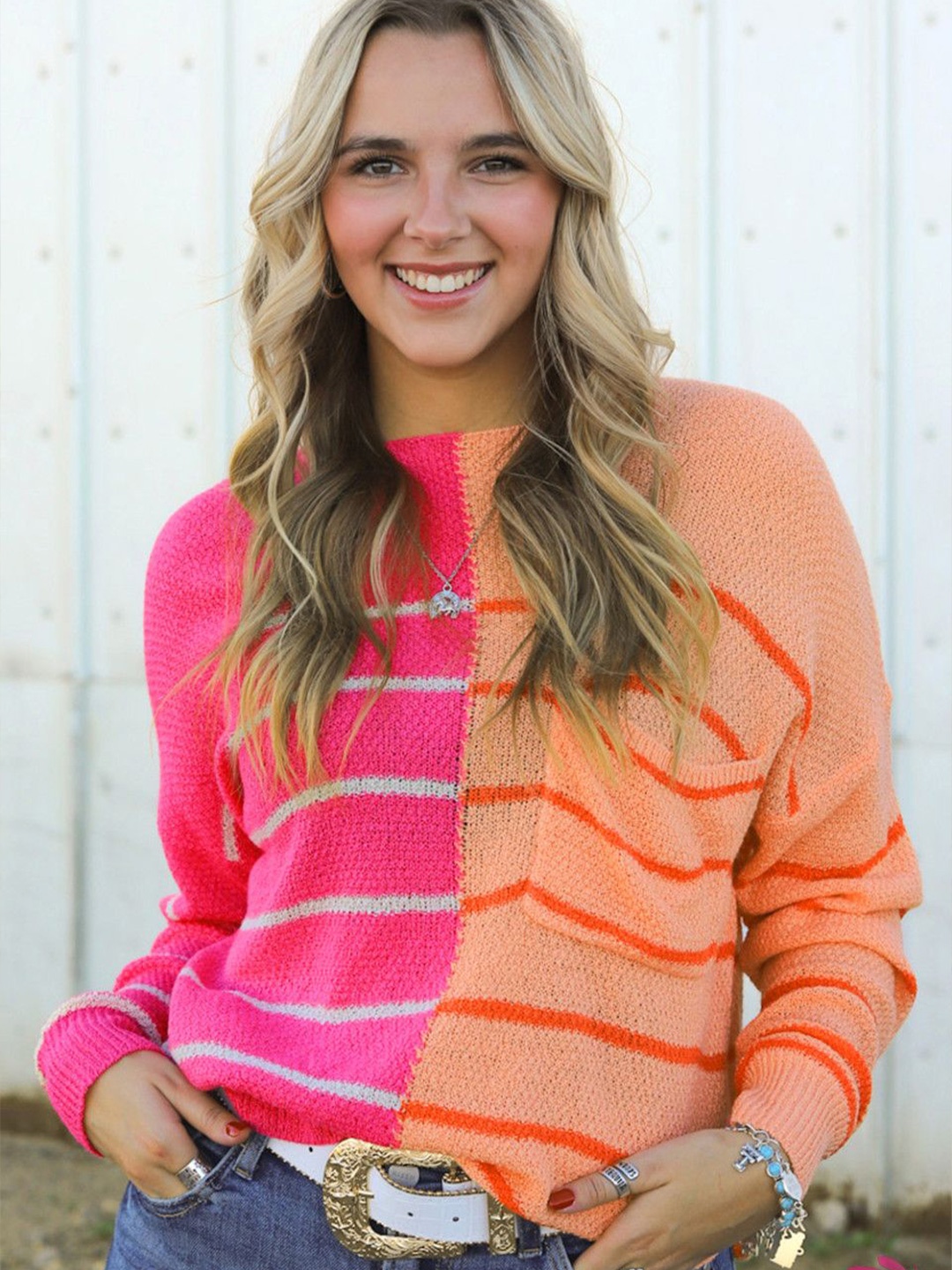

StyleCast Women Striped Round Neck Long Sleeves Pullover, Pink