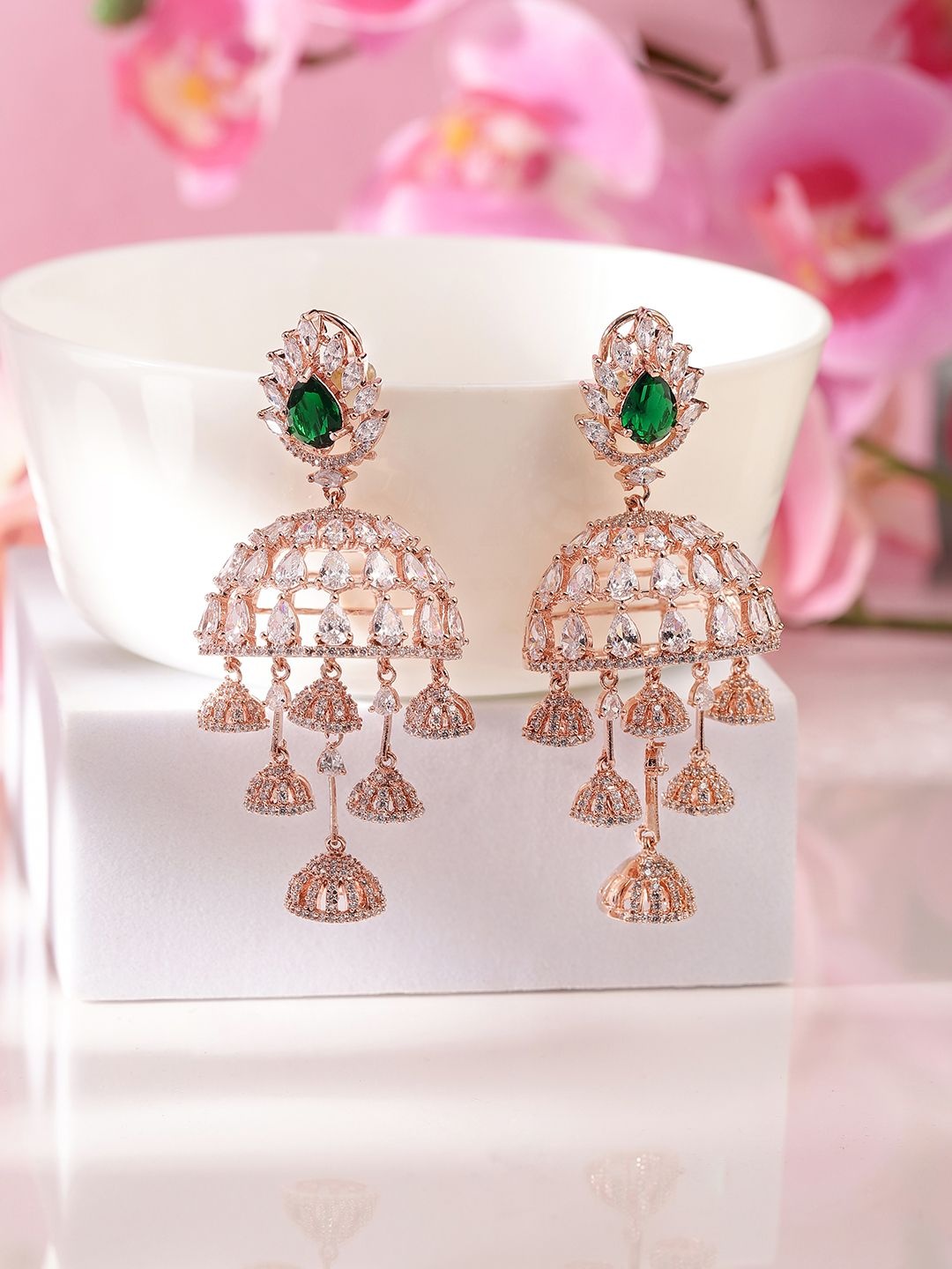 

Priyaasi Rose Gold-Plated American Diamond-Stone Studded Jhumkas