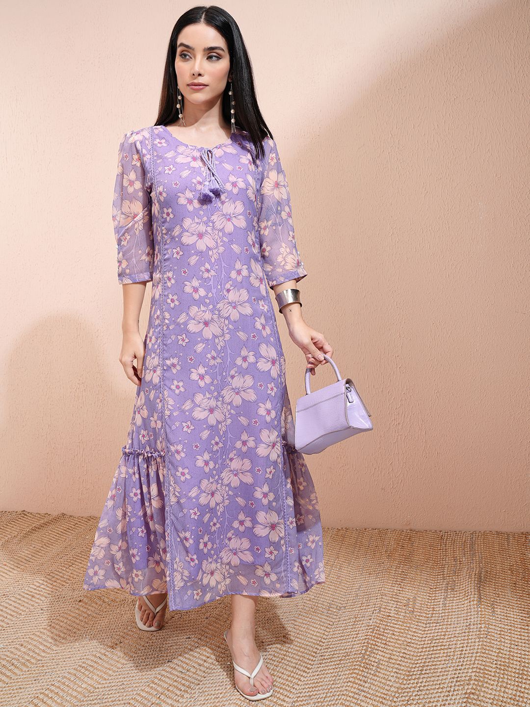 

Vishudh Printed Tie-Up Neck Three-Quarter Sleeves A-Line Maxi Dress, Violet