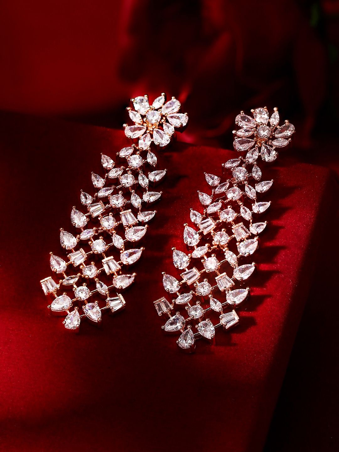 

Priyaasi Rose Gold-Plated American Diamond-Stone Studded Contemporary Drop Earrings
