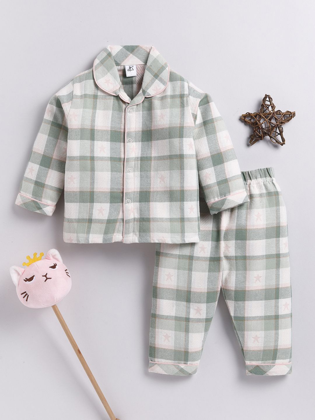 

Clt.s Kids Pure Cotton Checked Printed Night suit, Green