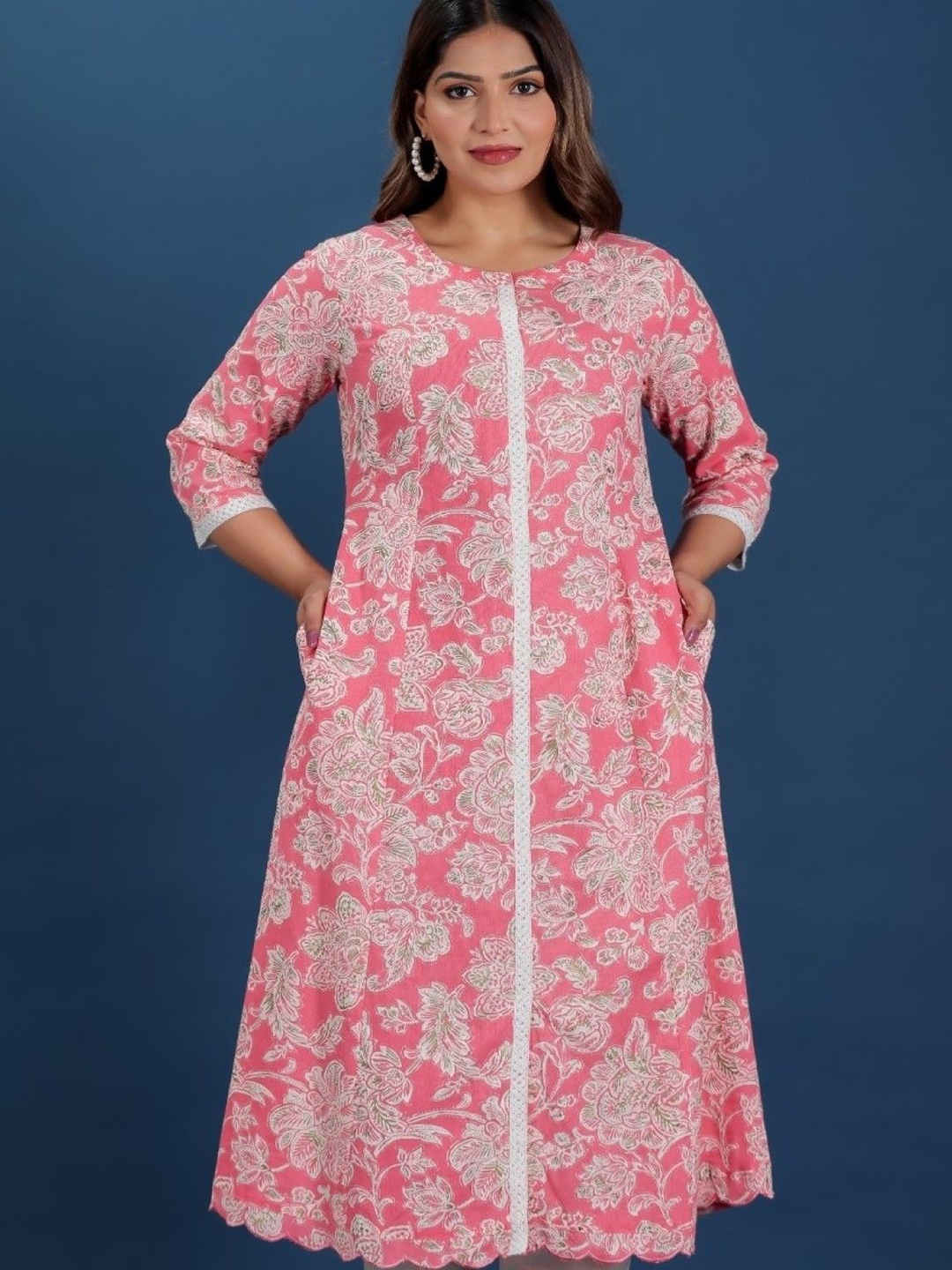 

Aramya Floral Printed Linen Cotton Straight Kurta, Pink