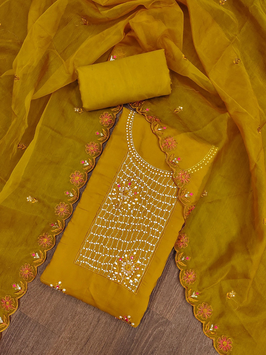 

Maroosh Floral Beads and Stones Embellished Unstitched Dress Material, Mustard