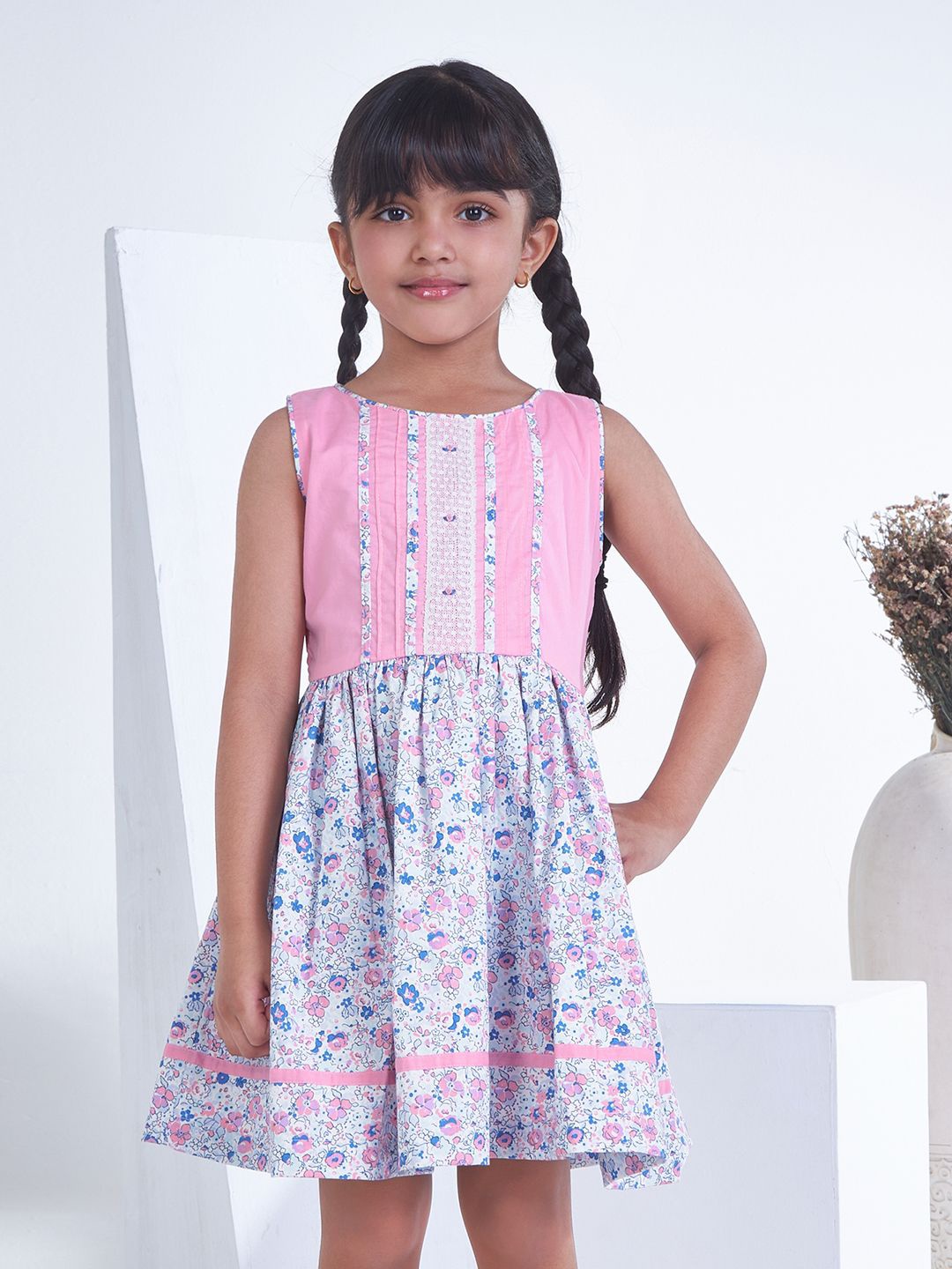 

Soleilclo Girls Cotton Floral Printed Fit & Flare Dress, Pink