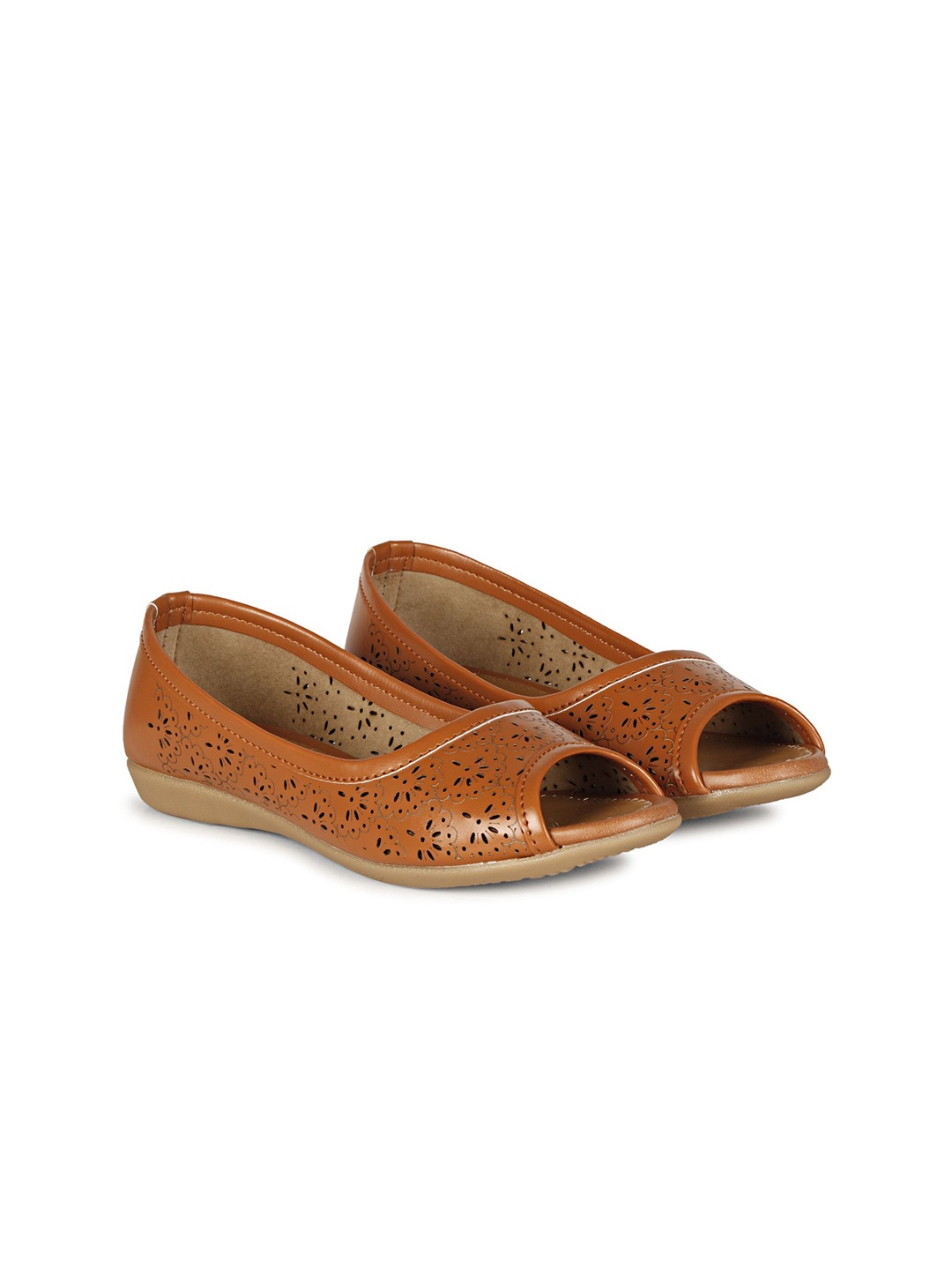 

FOOTSHEZ Women Ballerinas with Laser Cuts Flats, Tan