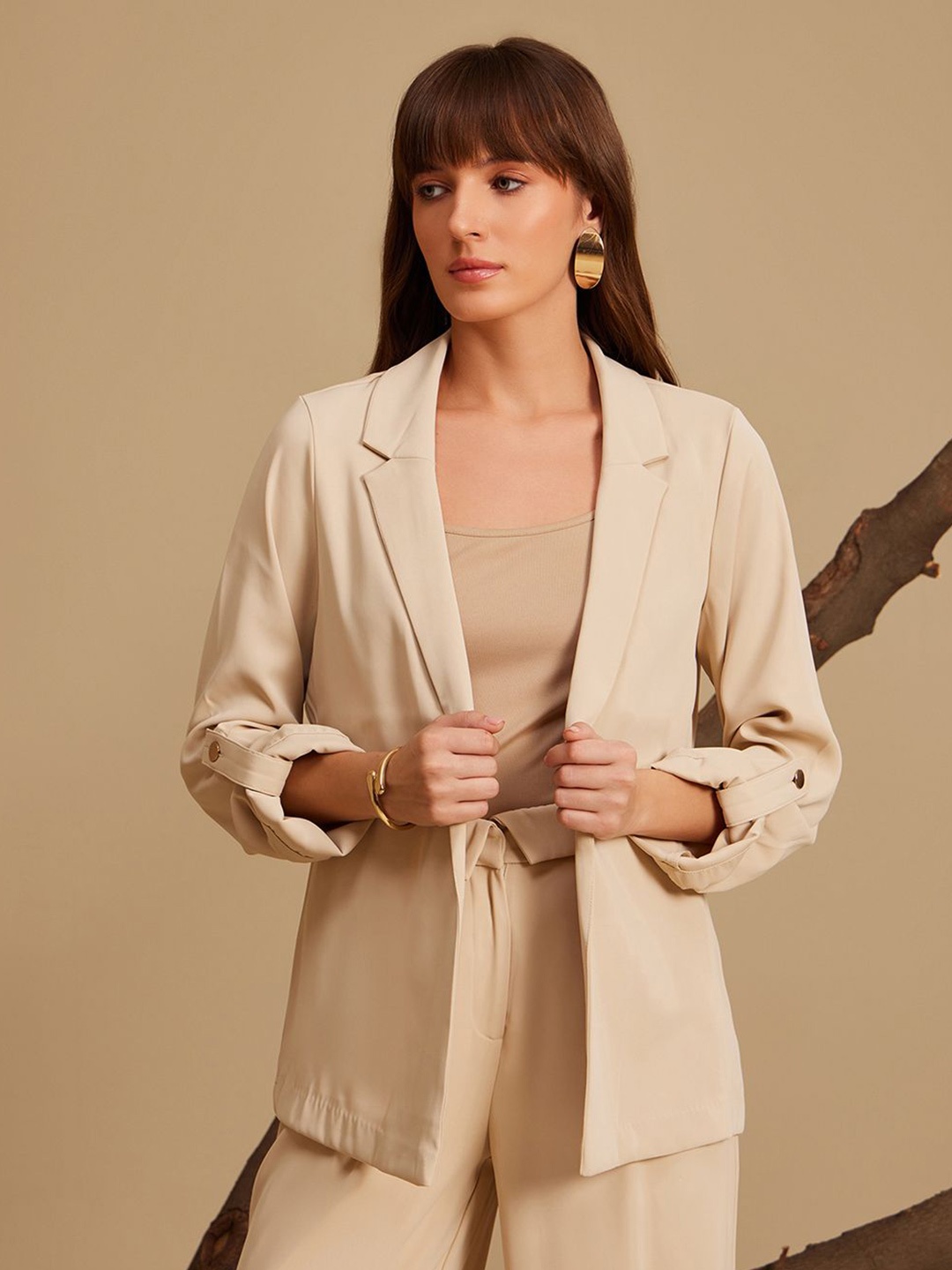 

Kazo Notched Lapel Open Front Formal Blazer, Beige