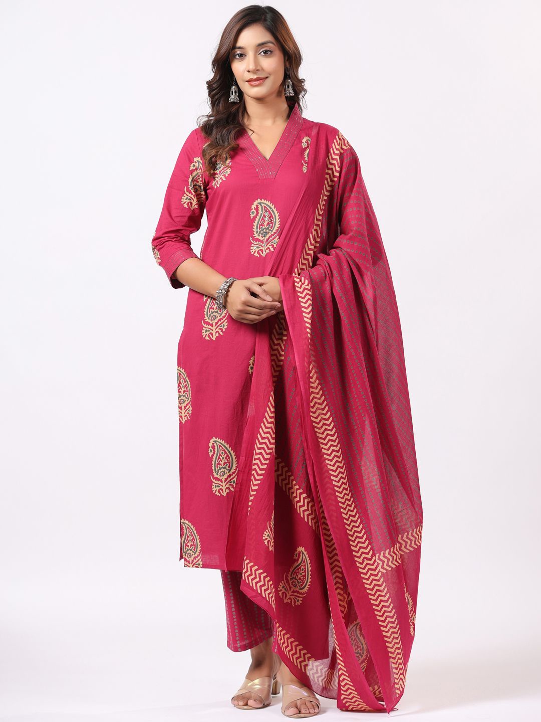 

PIROH Paisley Printed Straight Sequinned Pure Cotton Kurta with Trousers & Dupatta, Magenta