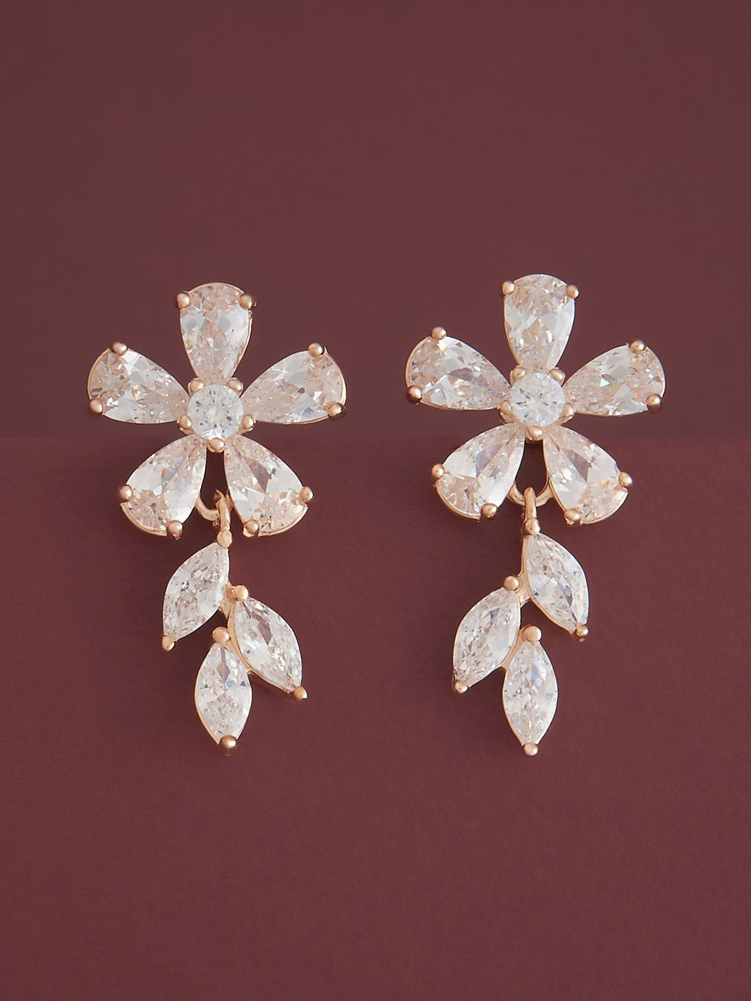 

Kushal's Fashion Jewellery Rose Gold-Plated Silver Zircon Floral Drop Earrings
