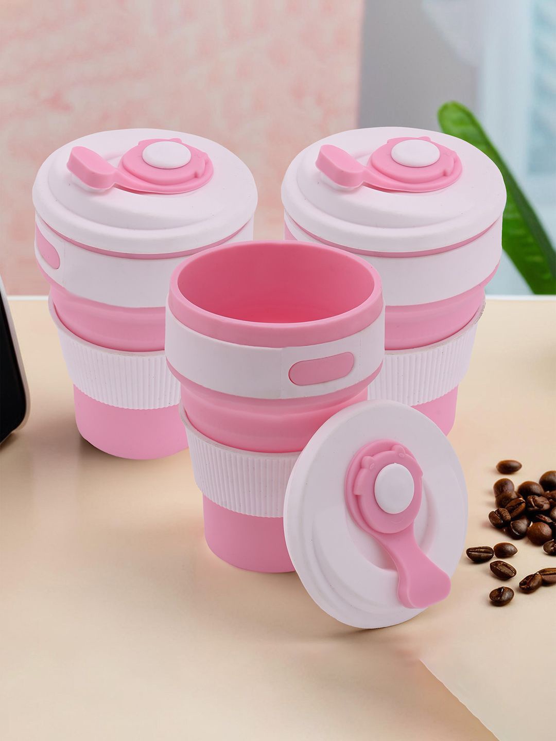 

Kuber Industries White & Pink 3 Pieces Matte Cup With Lid & Sipper Cover 350 ml