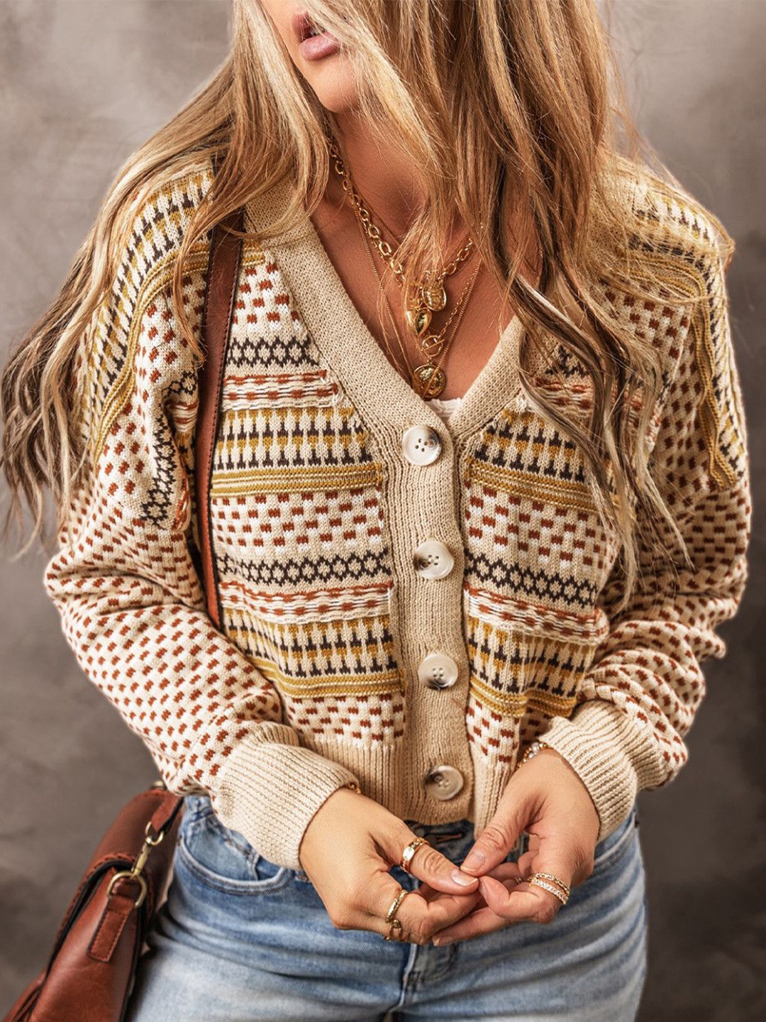 

StyleCast Women Self Design Striped Cardigan Sweater, Khaki
