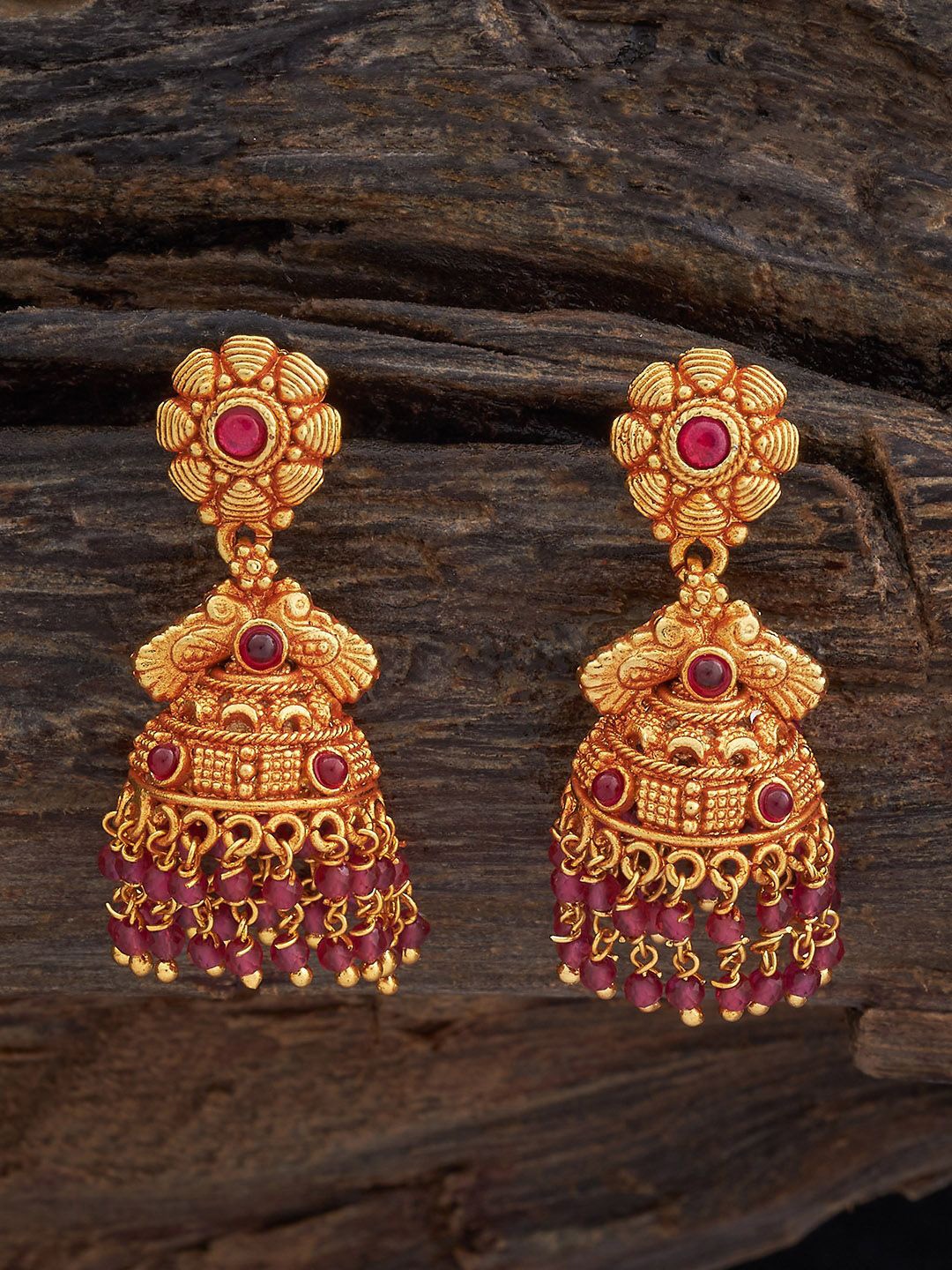 

Kushal's Fashion Jewellery Gold-Plated Dome Shaped Ruby Studded & Beaded Antique Jhumkas