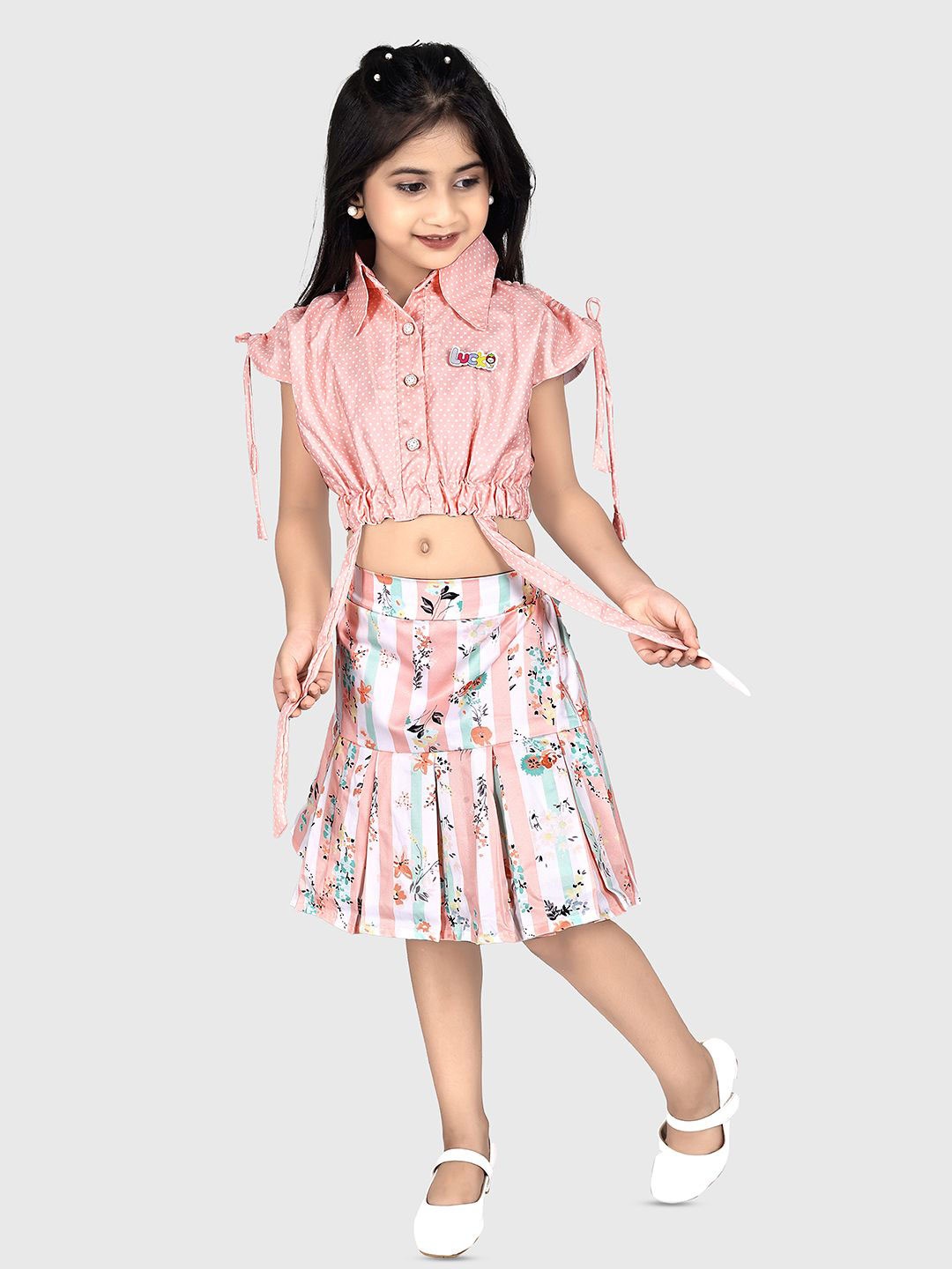 

Fabangel Girls Printed Pure Cotton Top with Skirt, Peach