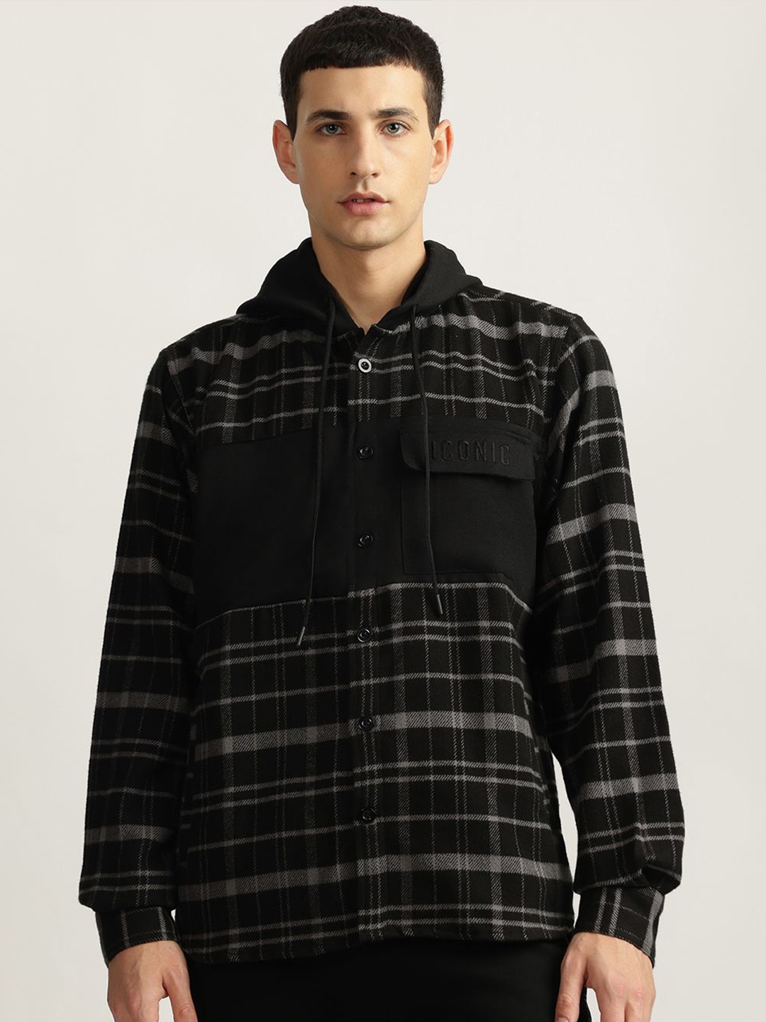 

Iconic Pure Cotton Checked Hooded Casual Shirt, Black