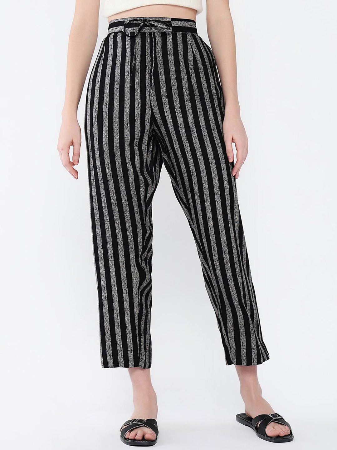 

SHOWOFF Women Striped Comfort Easy Wash Mid-Rise Cotton Trousers, Black