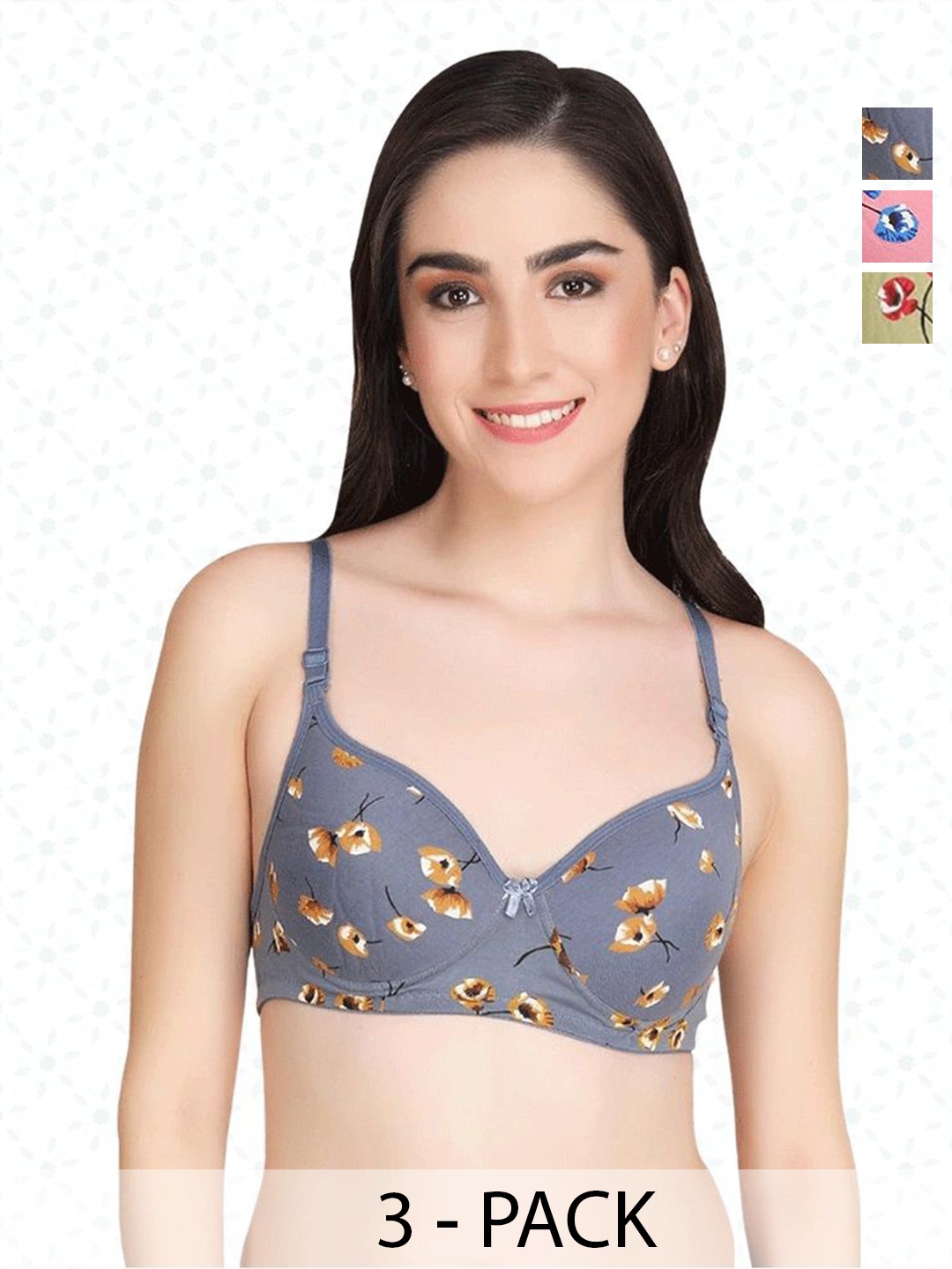 

Designer Bugs Women Set of 3 Floral Bra Full Coverage Lightly Padded Bra, Grey