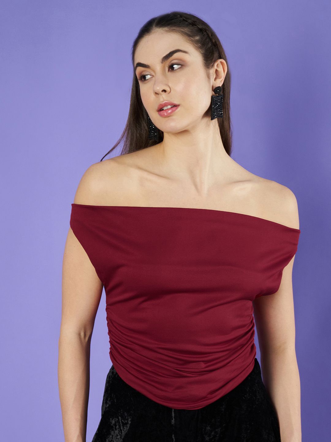 

Womenster Women Off-Shoulder Sleeveless Crepe Crop Top, Maroon