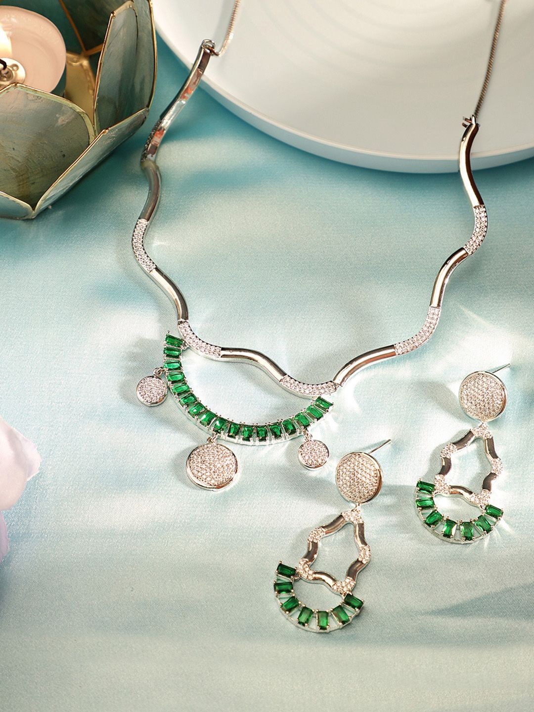 

Priyaasi Silver-Plated Statement Elegance American Diamond-Studded Jewellery Set