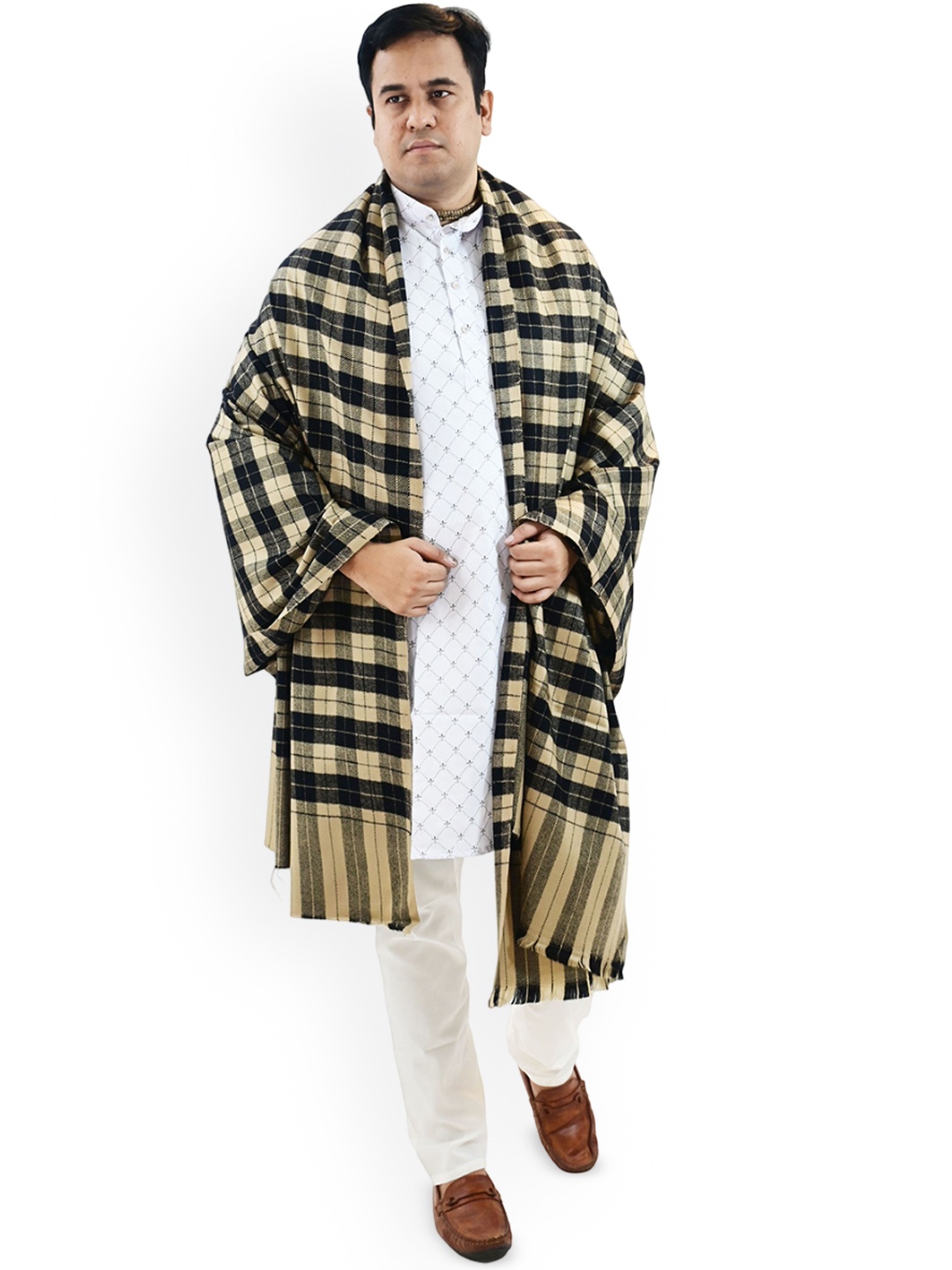 

Vrinde Checked Printed Woollen Shawl, Beige