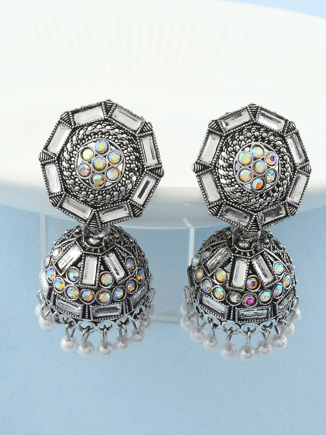 

MEMOIR Silver Plated Quartz Studded Dome Shaped Oxidised Jhumkas