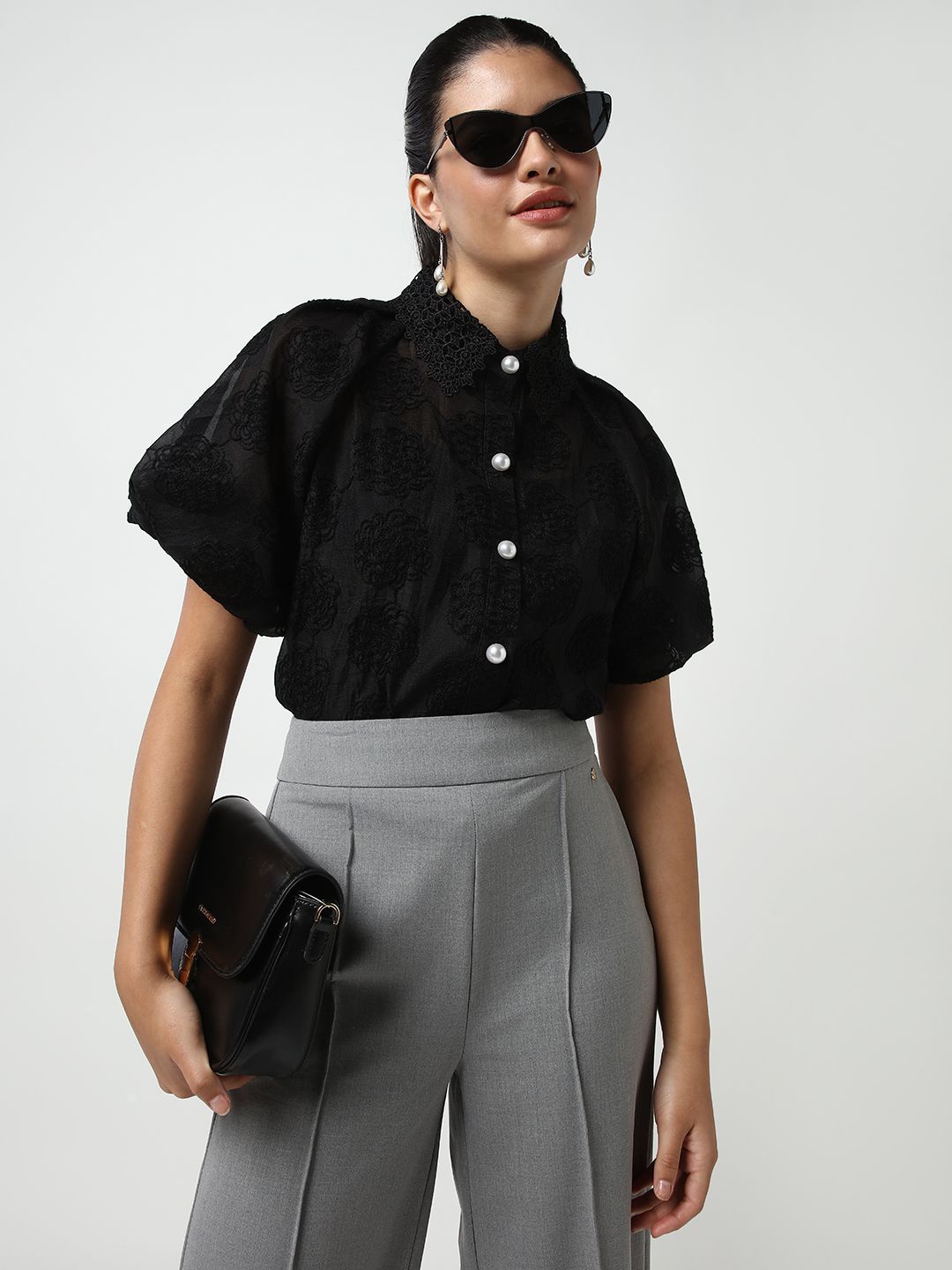 

SHOWOFF Comfort Floral Semi Sheer Casual Shirt, Black