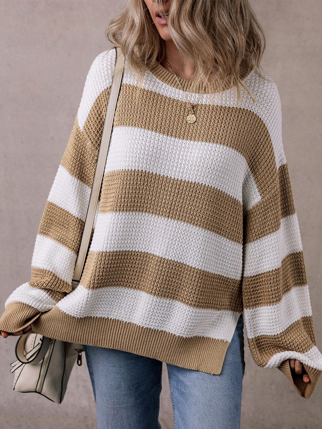 

StyleCast Women Striped Round Neck Long Sleeves Pullover, Beige