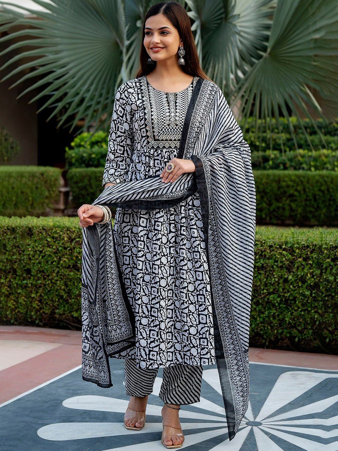 

KALINI Geometric Printed Pleated Thread Work Kurta with Trouser & Dupatta, Grey