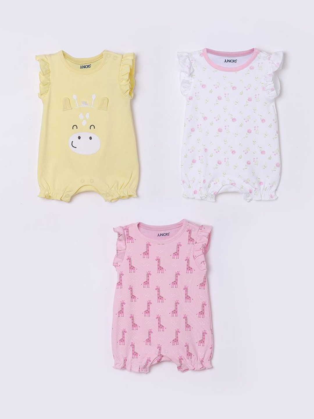 

Juniors by Lifestyle Infant Girls Pack Of 3 Printed Pure Cotton Rompers, White