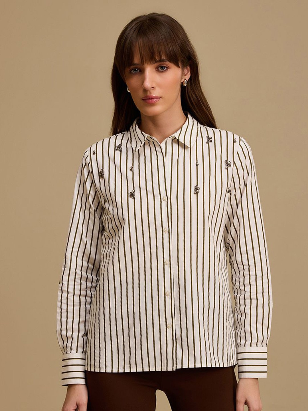 

Kazo Vertical Stripes Embellished Relaxed Fit Shirt, White