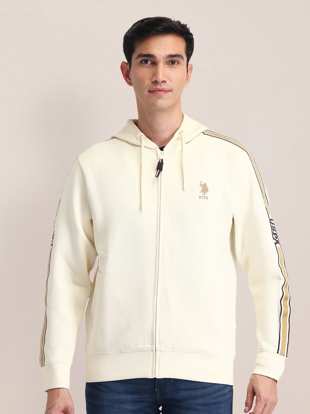 

U.S. Polo Assn. Men Cotton Brand Logo Hooded Sweatshirt, Beige