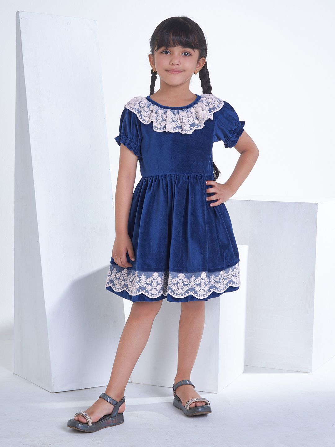 

Soleilclo Girls Cotton Puff Sleeve Ruffled Fit & Flare Dress, Navy blue