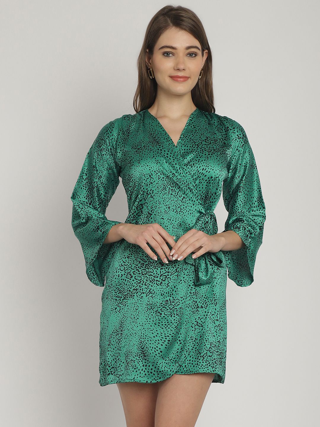 

Blissence Women Animal Print V-Neck Bell Sleeve Wrap Dress, Green