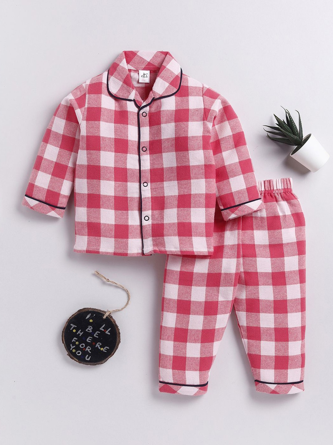 

Clt.s Kids Pure Cotton Checked Printed Night suit, Coral