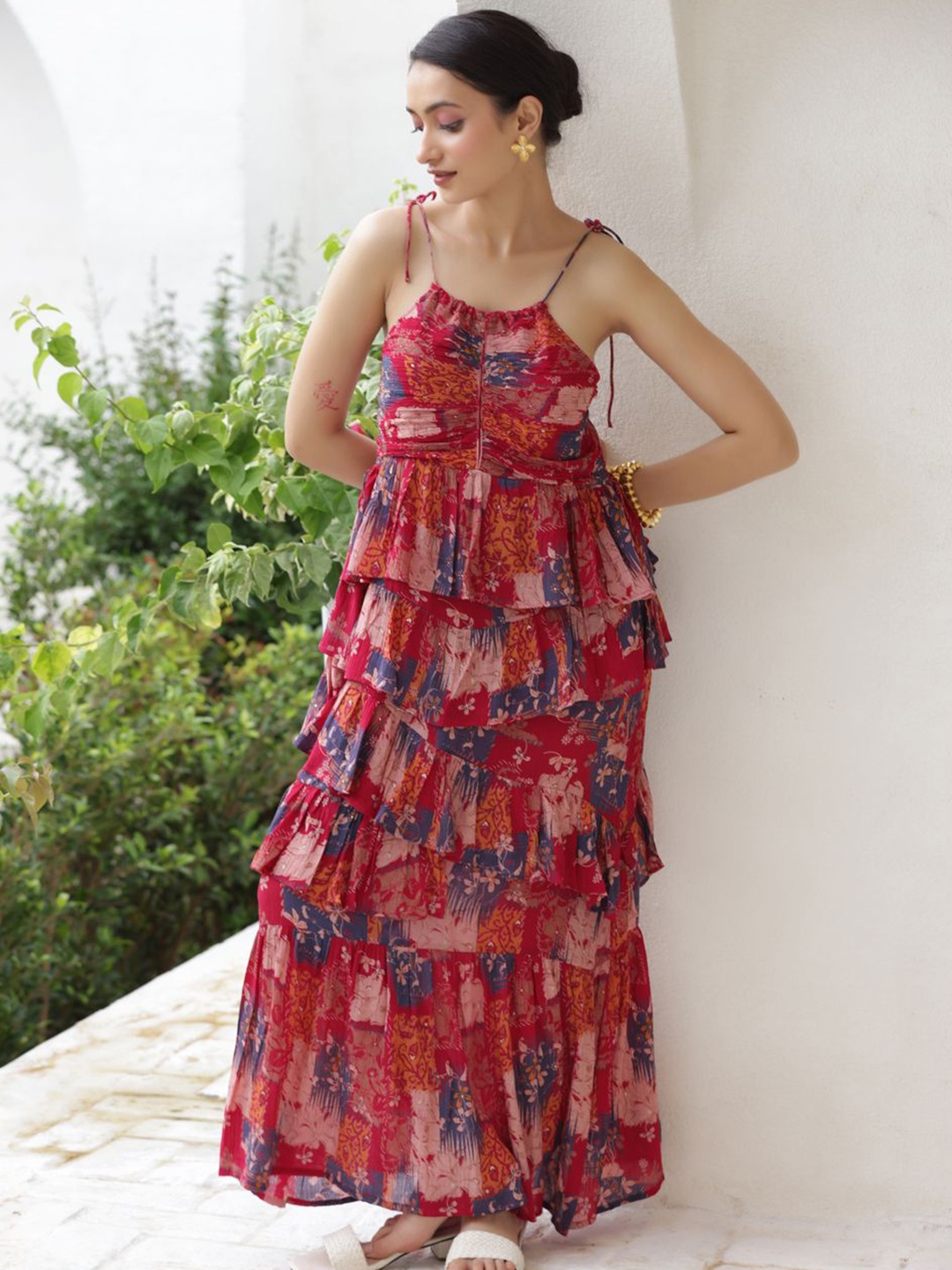 

Tasya India Women Floral Printed Georgette Maxi Dress, Red