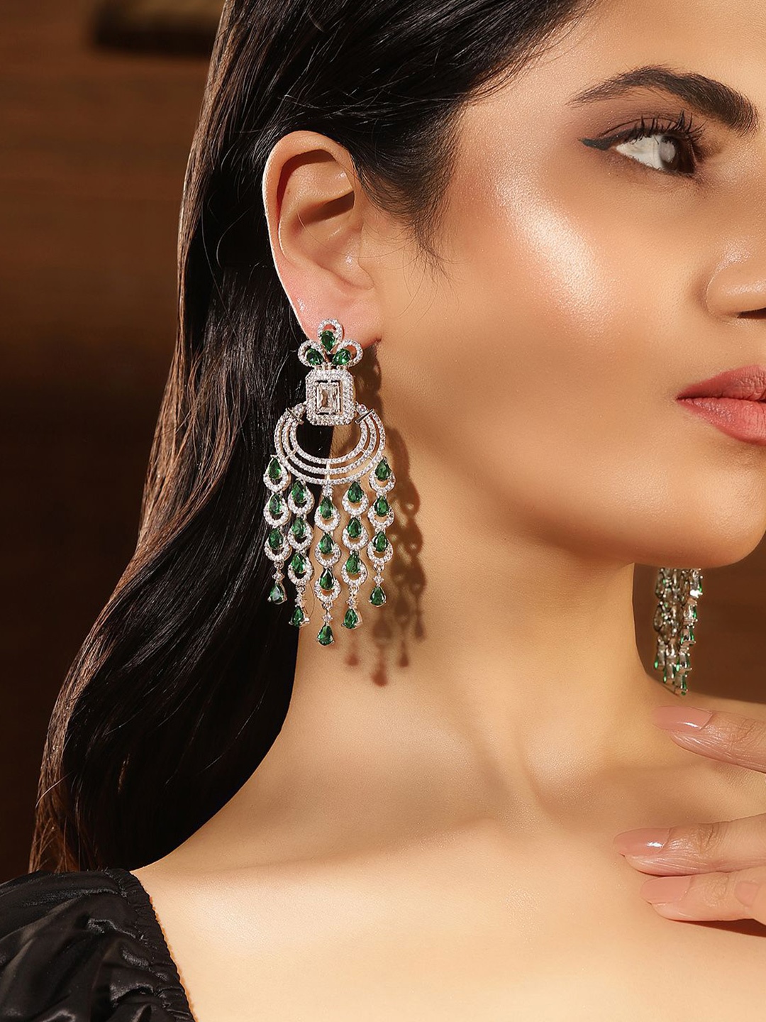 

Priyaasi Silver-Plated American Diamond Stone Studded Contemporary Drop Earrings