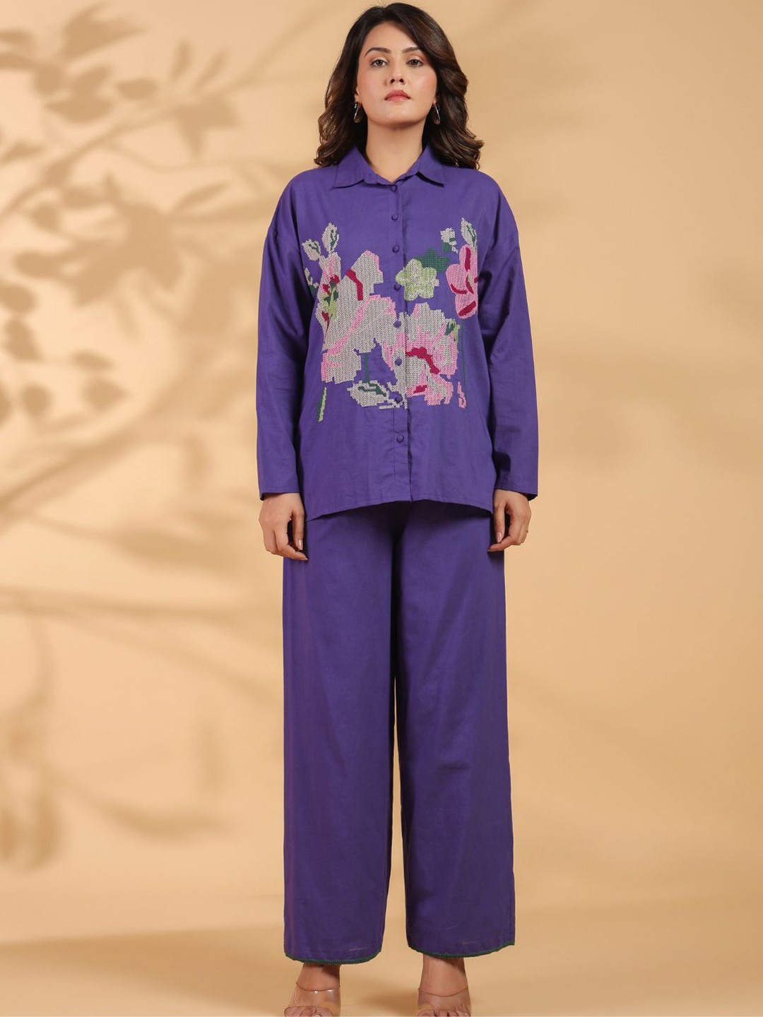 

Zolo Label Embroidered Shirt With Trousers, Purple