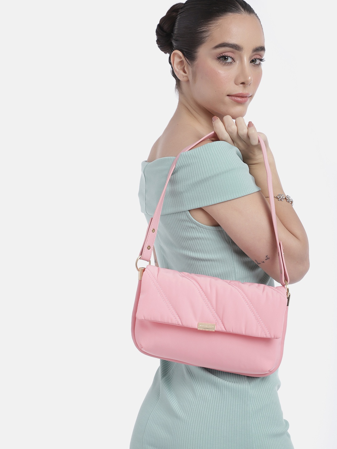 

Van Heusen Solid Structured Baguette Bag with Quilted Detail, Pink