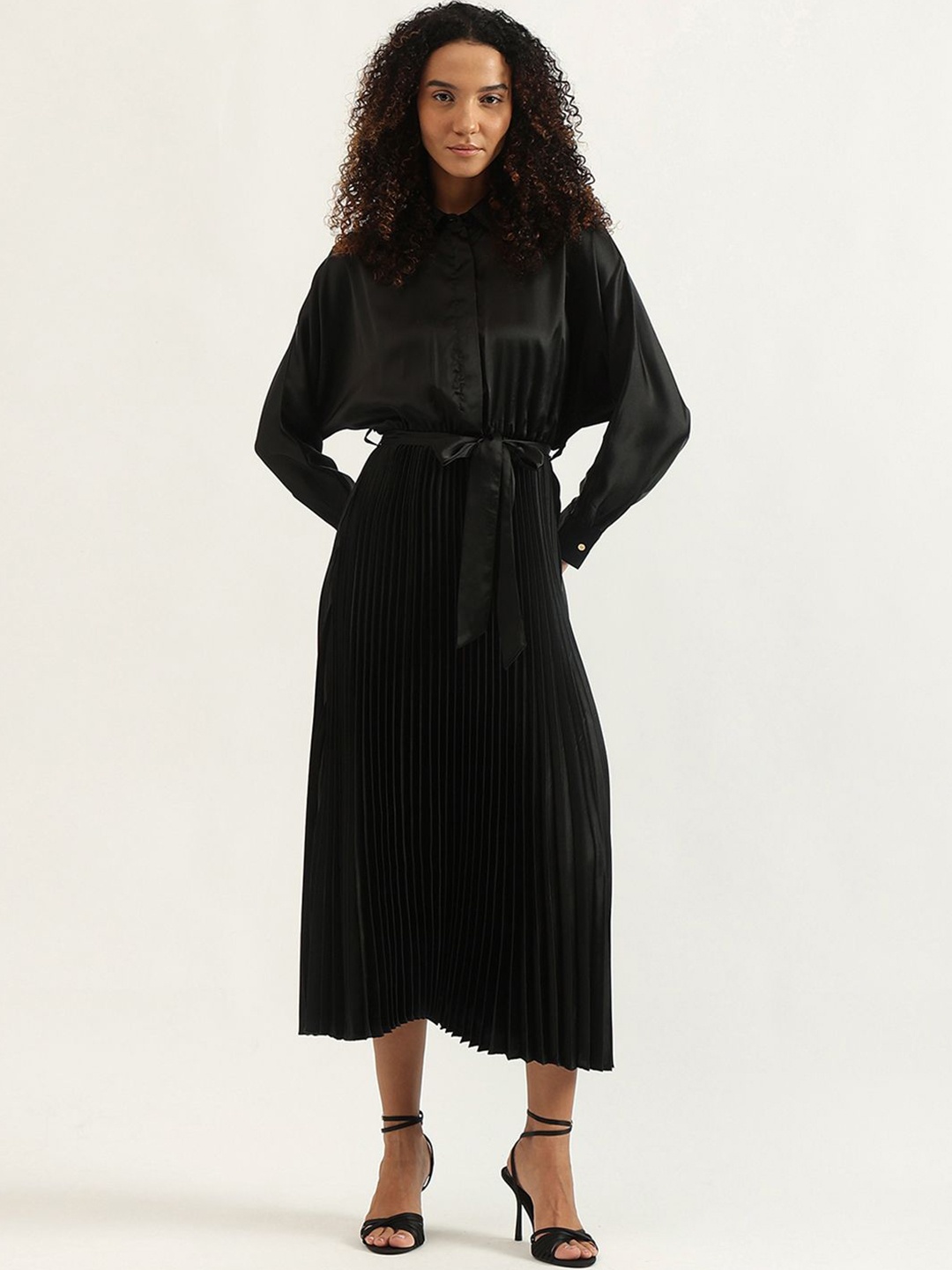 

United Colors of Benetton Women Shirt Collar Long Sleeves Shirt Midi Dress, Black