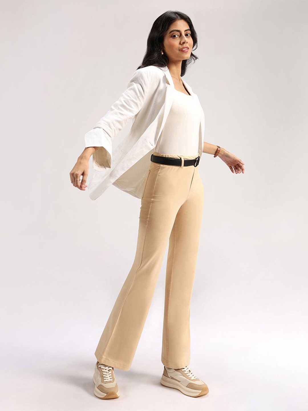 

Blissclub Women High-Rise Flared Regular Trousers, Beige