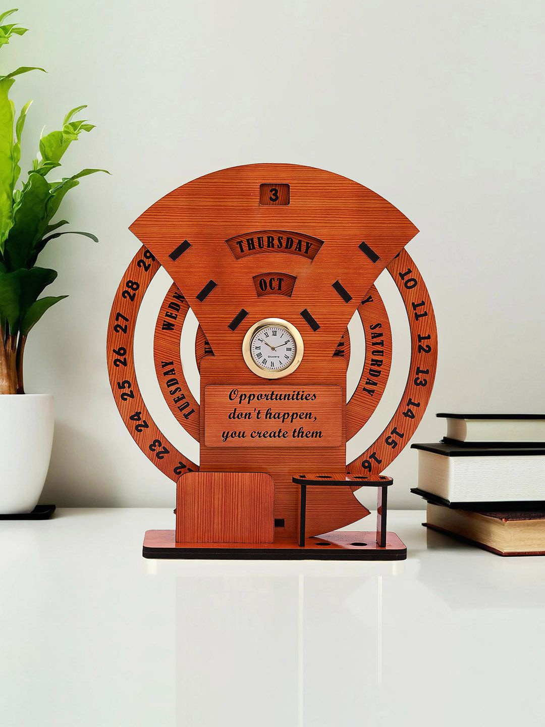 

Kuber Industries Brown Traditional Wooden Rotating Table Clock