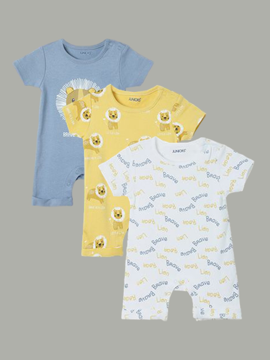 

Juniors by Lifestyle Boys Set Of 3 Printed Pure Cotton Rompers, Yellow