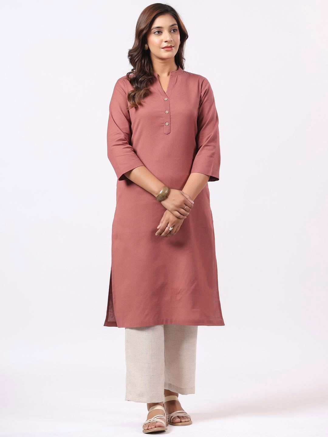 

PIROH Mandarin Collar Cotton Straight Kurta, Red