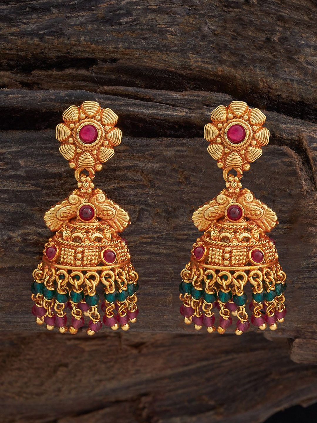 

Kushal's Fashion Jewellery Gold-Plated Ruby Stone Studded Dome Shaped Antique Jhumkas