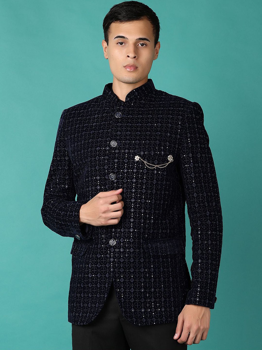 

V-Mart Self-Design Mandarin Collar Bandhgala Blazer, Navy blue