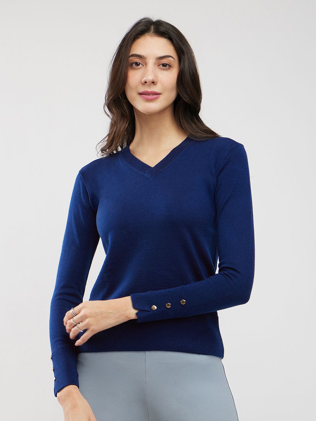 

FableStreet Women V-Neck Buttoned Sleeve Pullover, Navy blue