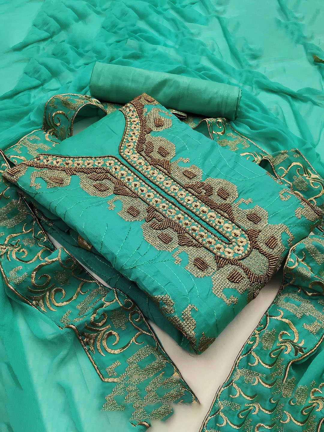 

Maroosh Geometric Embroidered Beads and Stones Unstitched Dress Material, Sea green