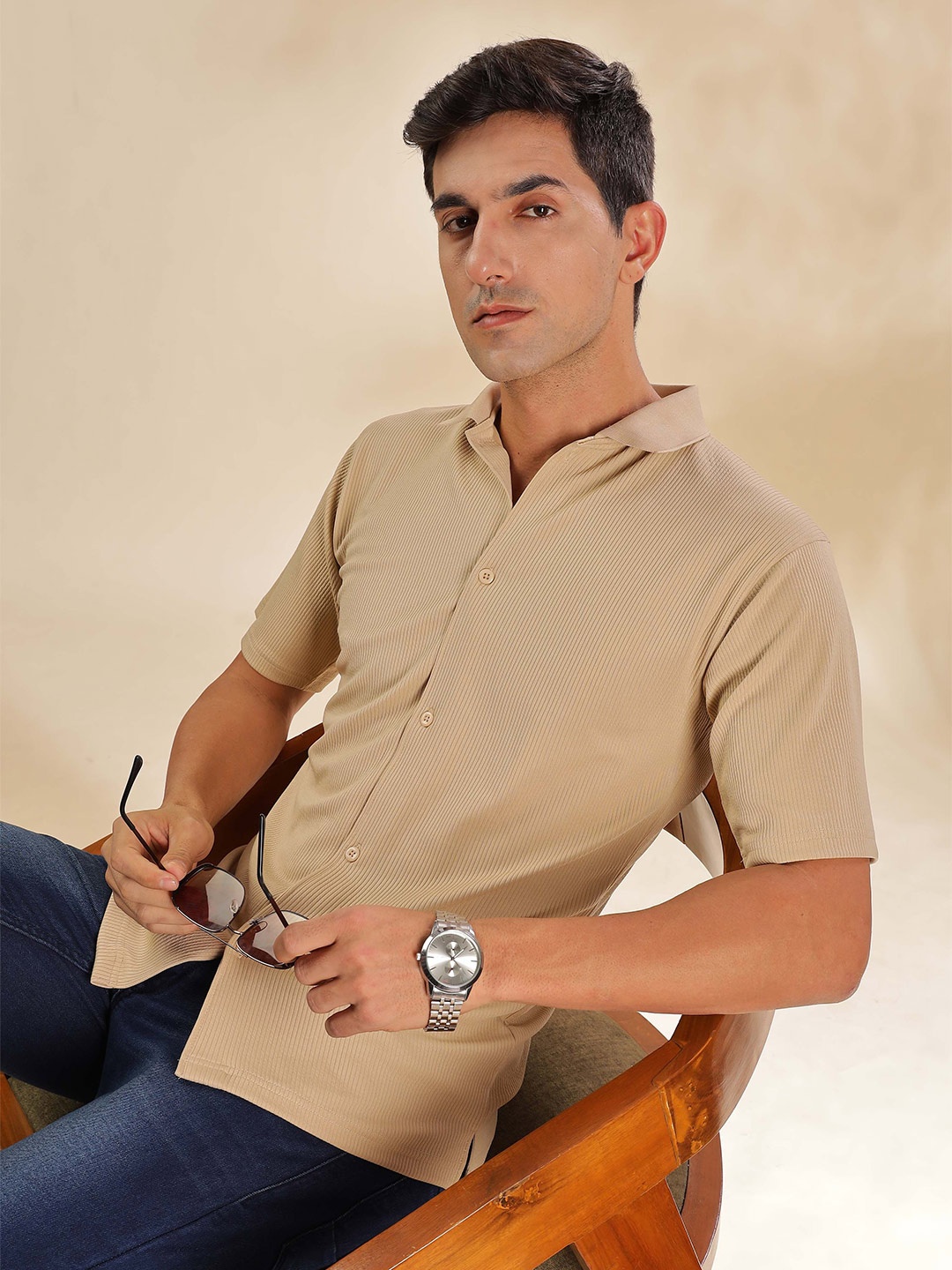 

HERE&NOW Men Spread Collar Textured Slim Fit Casual Shirt, Khaki