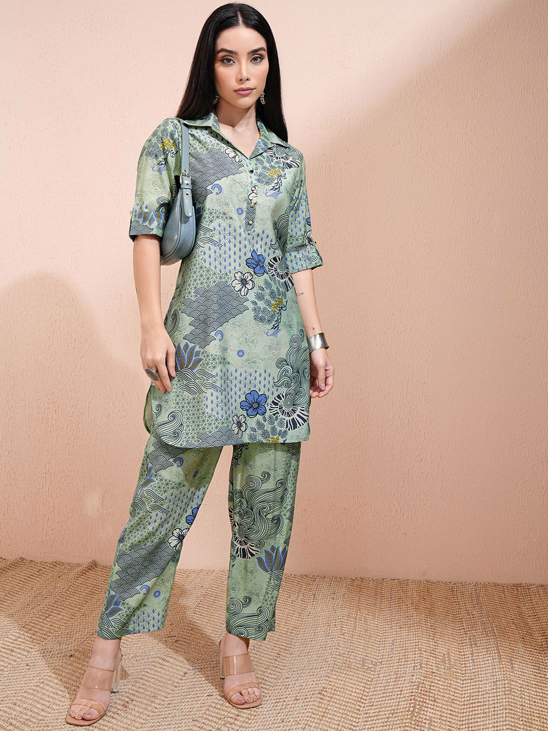 

Vishudh Green Printed Shirt Collar Three-Quarter Sleeves Top With Trouser