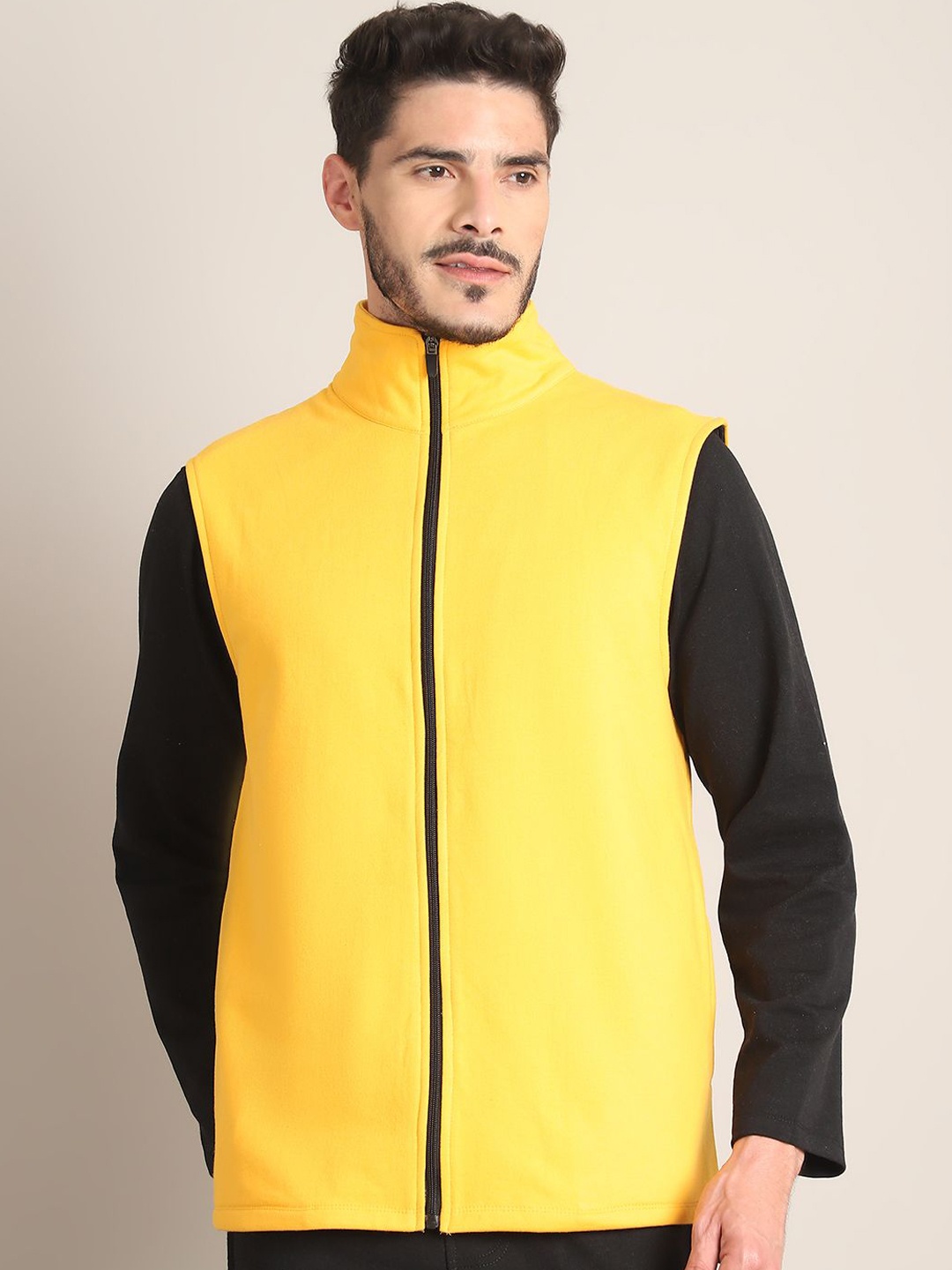 

Rute Men Solid Sleeveless Pure Cotton Open Front Jacket, Yellow