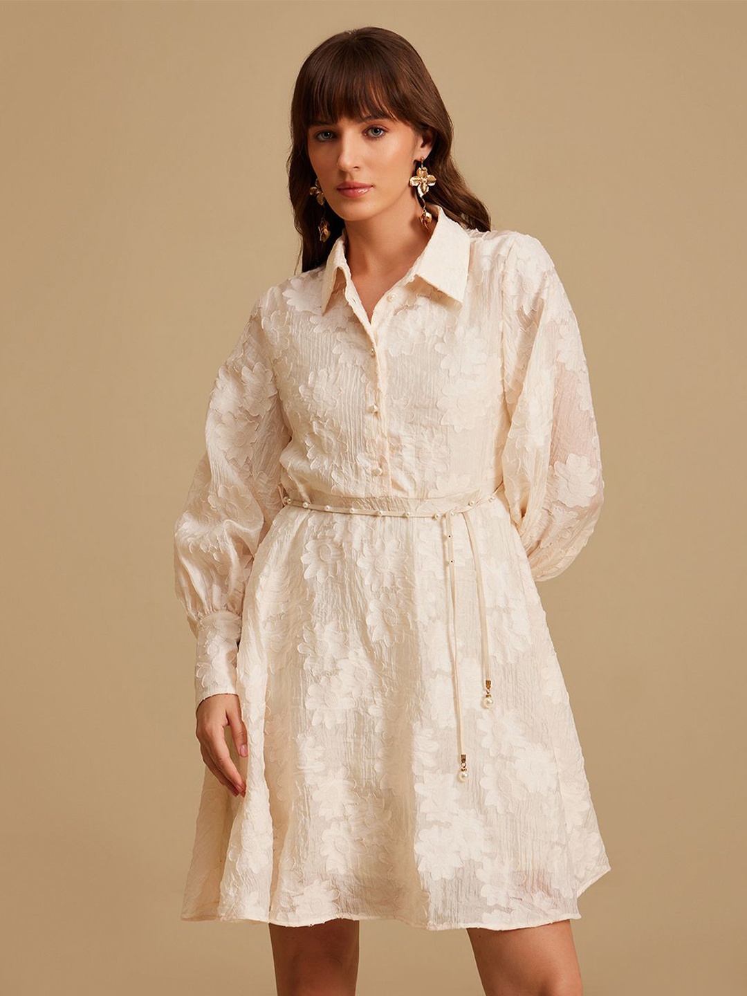 

Kazo Women Embroidered Shirt Collar A-Line Mini Dress With Belt, Off white